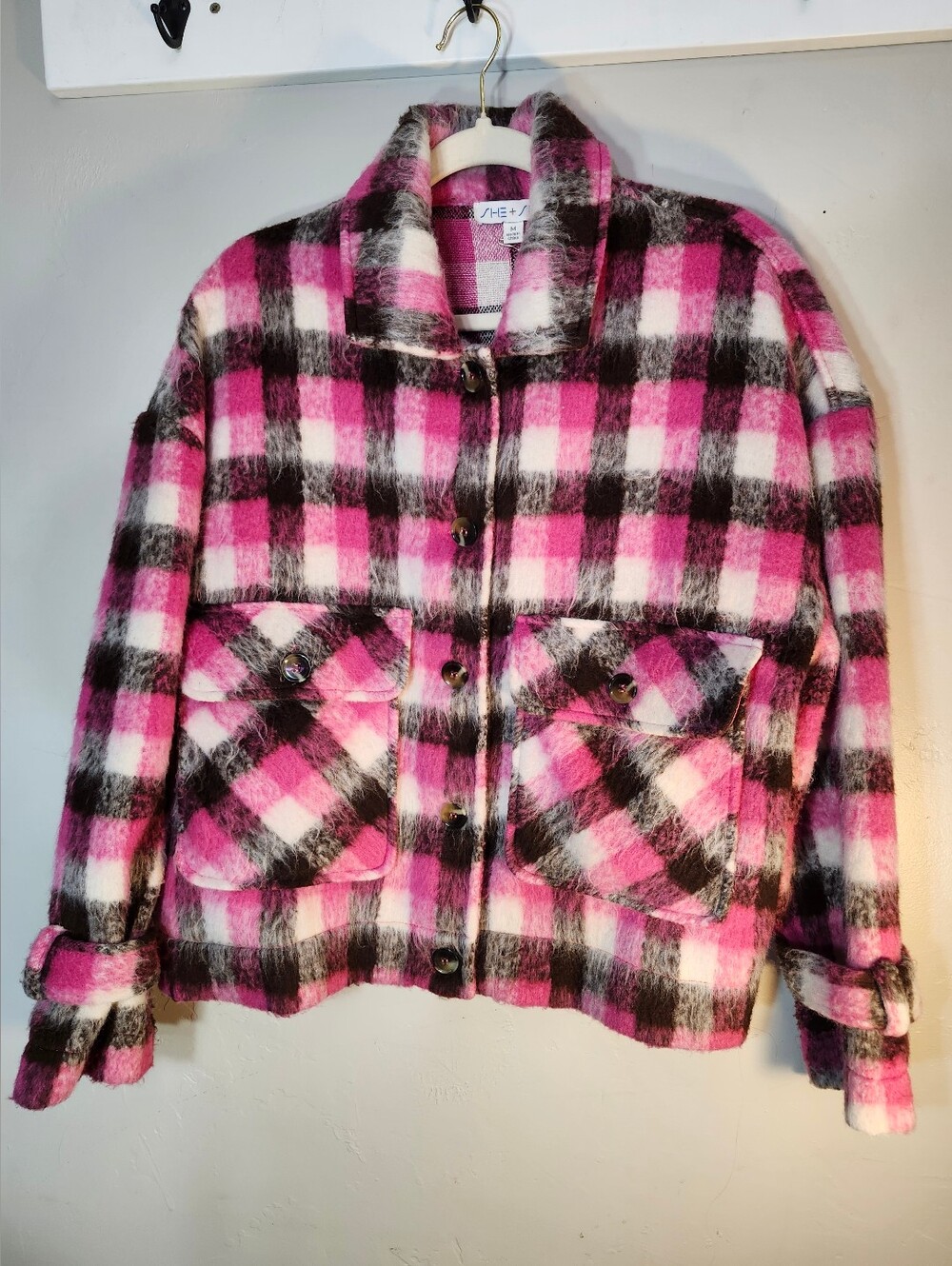 She + Sky Pink, Black & White Plaid Fuzzy Utility Shacket